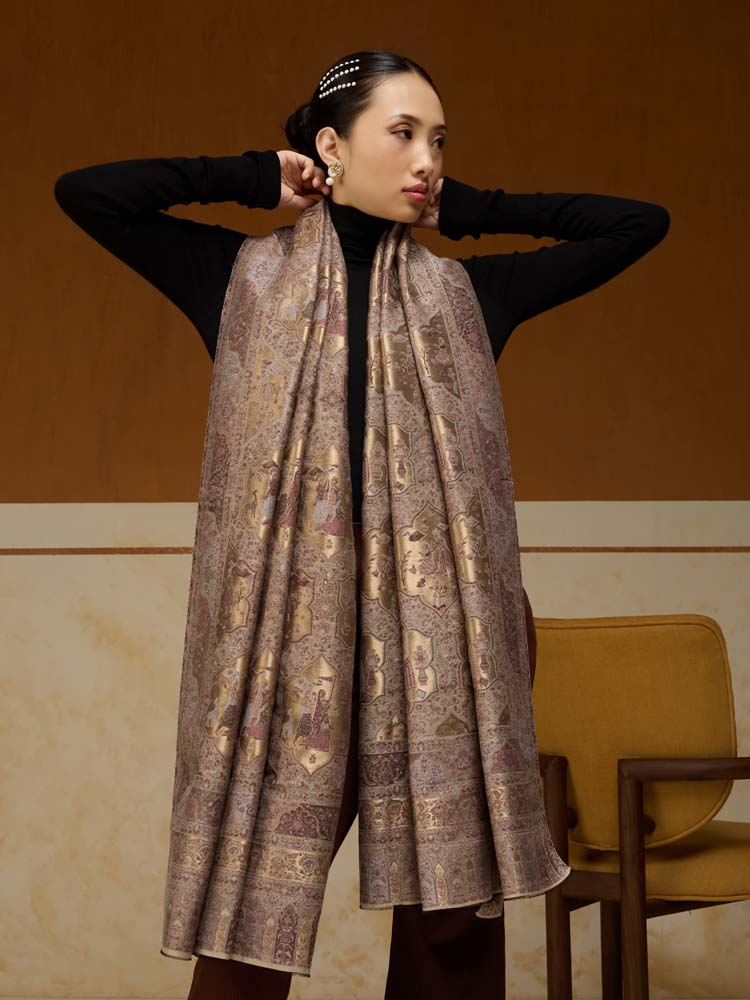 ImageNaqqashi Royale Kalamkari Zari Shawl – Almond, Gold