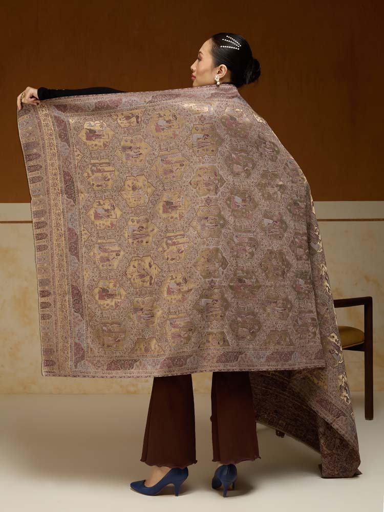 ImageNaqqashi Royale Kalamkari Zari Shawl – Almond, Gold