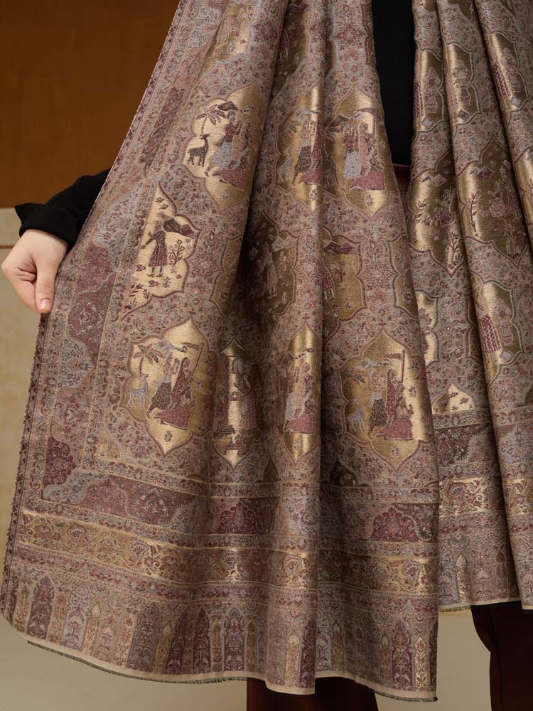 ImageNaqqashi Royale Kalamkari Zari Shawl – Almond, Gold