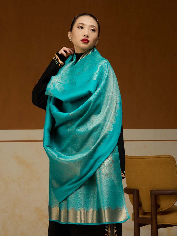 ImageNaqsh-e-DoRukh Zari Shawl – Teal, Gold