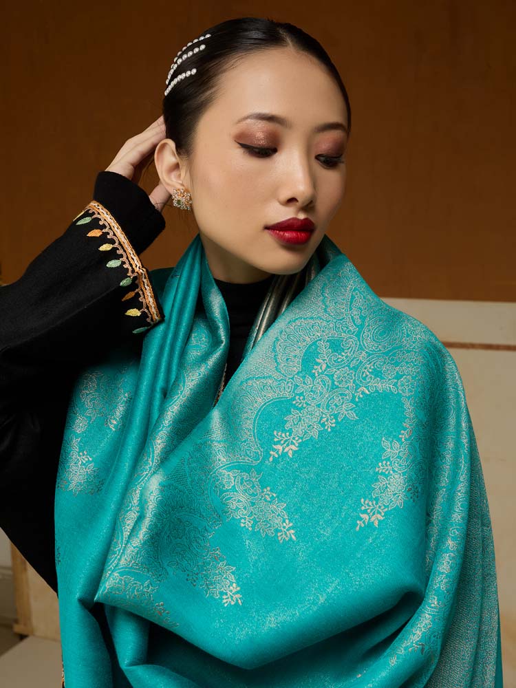 ImageNaqsh-e-DoRukh Zari Shawl – Teal, Gold