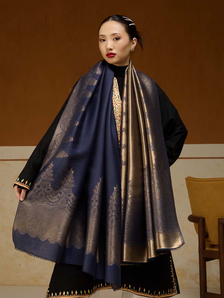 ImageNaqsh-e-DoRukh Zari Shawl – Navy, Gold