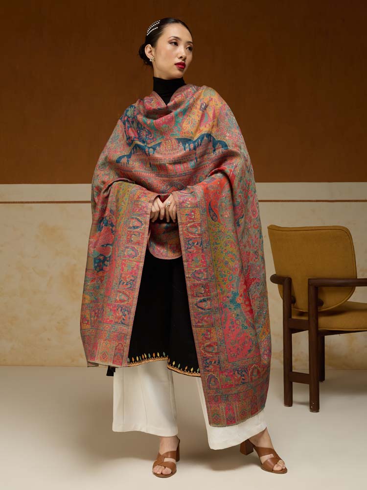 ImageRaj Shobha Kalamkari Zari Wool Shawl – Gold, Multi