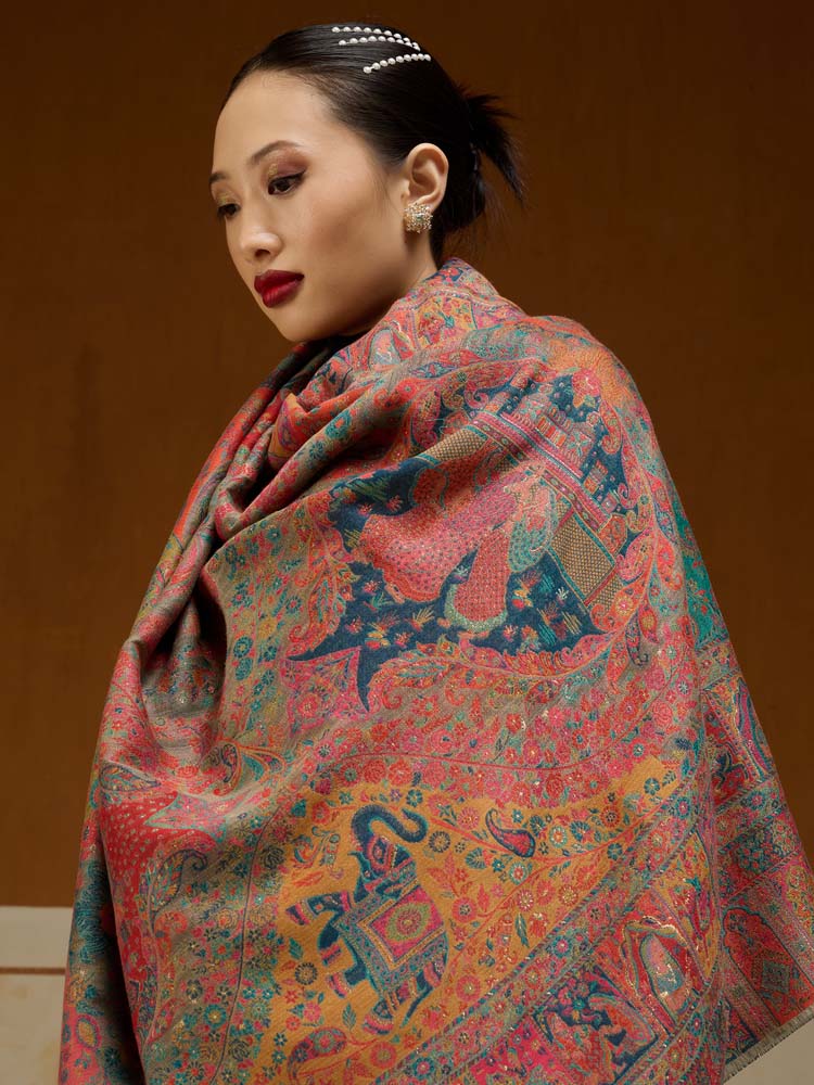 ImageRaj Shobha Kalamkari Zari Wool Shawl – Gold, Multi