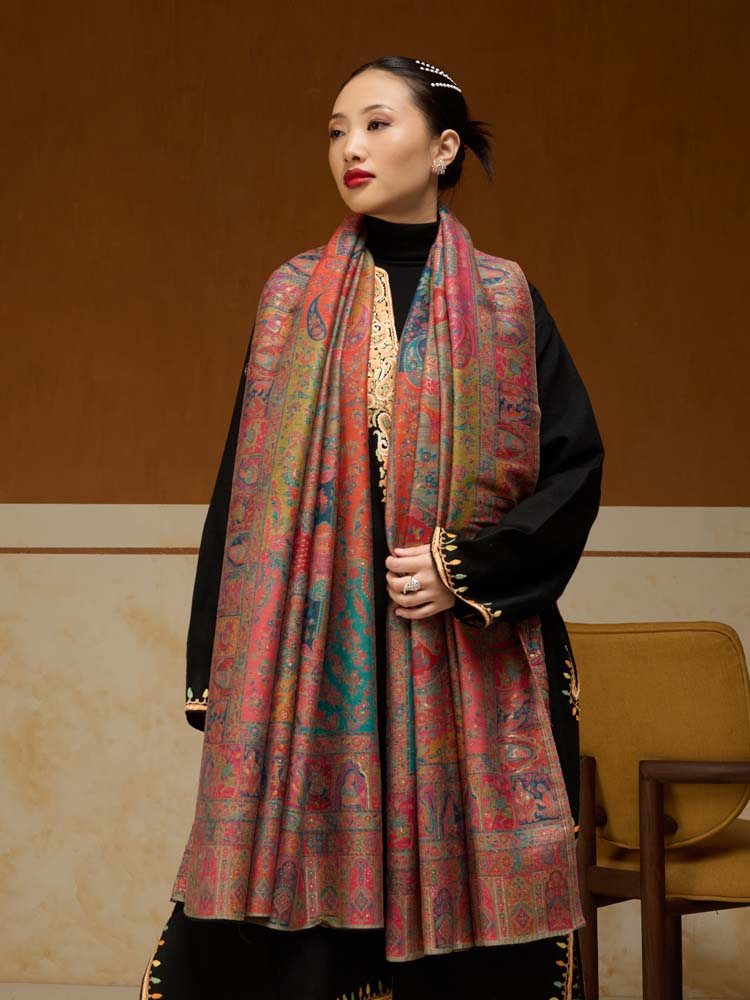 ImageRaj Shobha Kalamkari Zari Wool Shawl – Gold, Multi