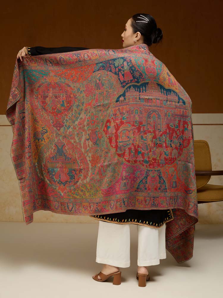 ImageRaj Shobha Kalamkari Zari Wool Shawl – Gold, Multi
