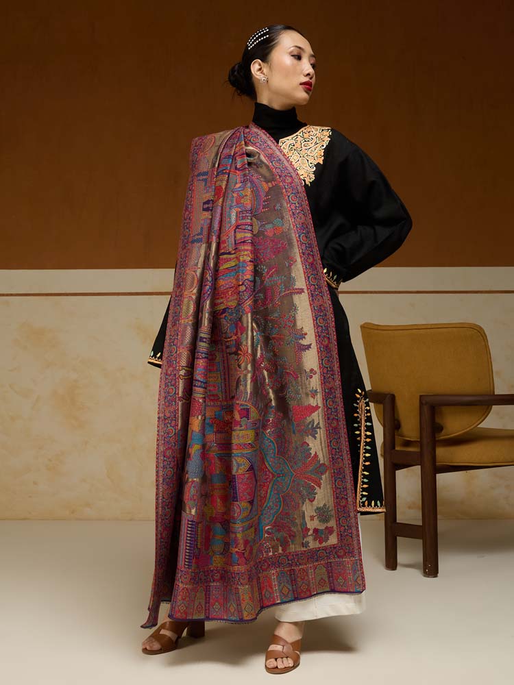 ImageFasana-e-Shah Kalamkari Zari Shawl – Lavender, Gold