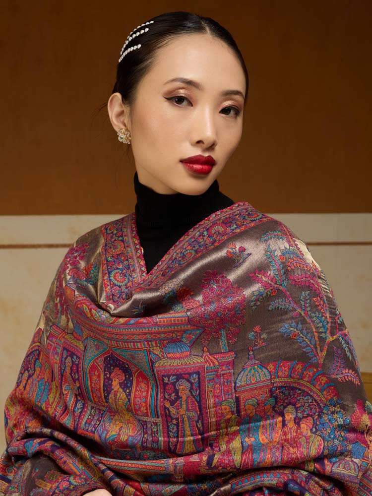 ImageFasana-e-Shah Kalamkari Zari Shawl – Lavender, Gold