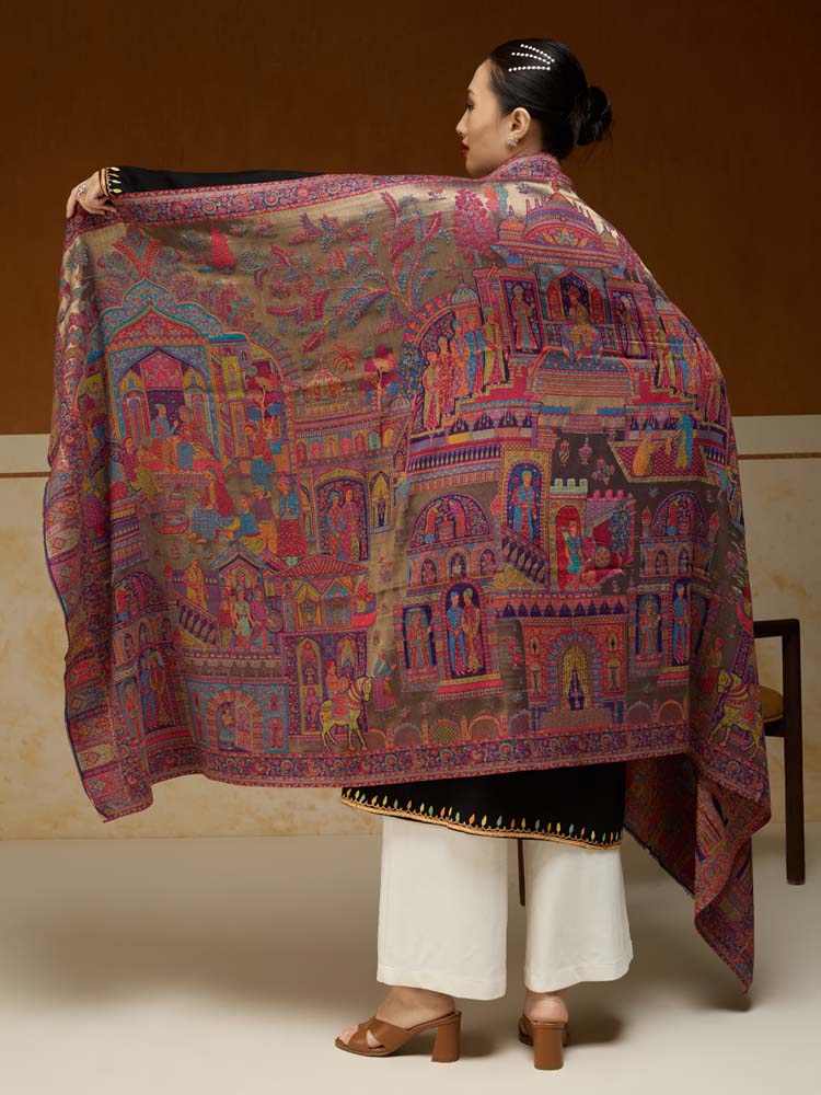 ImageFasana-e-Shah Kalamkari Zari Shawl – Lavender, Gold