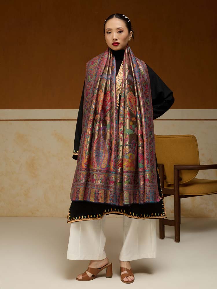 Chitralekha Kalamkari Zari Shawl - Champagne Gold