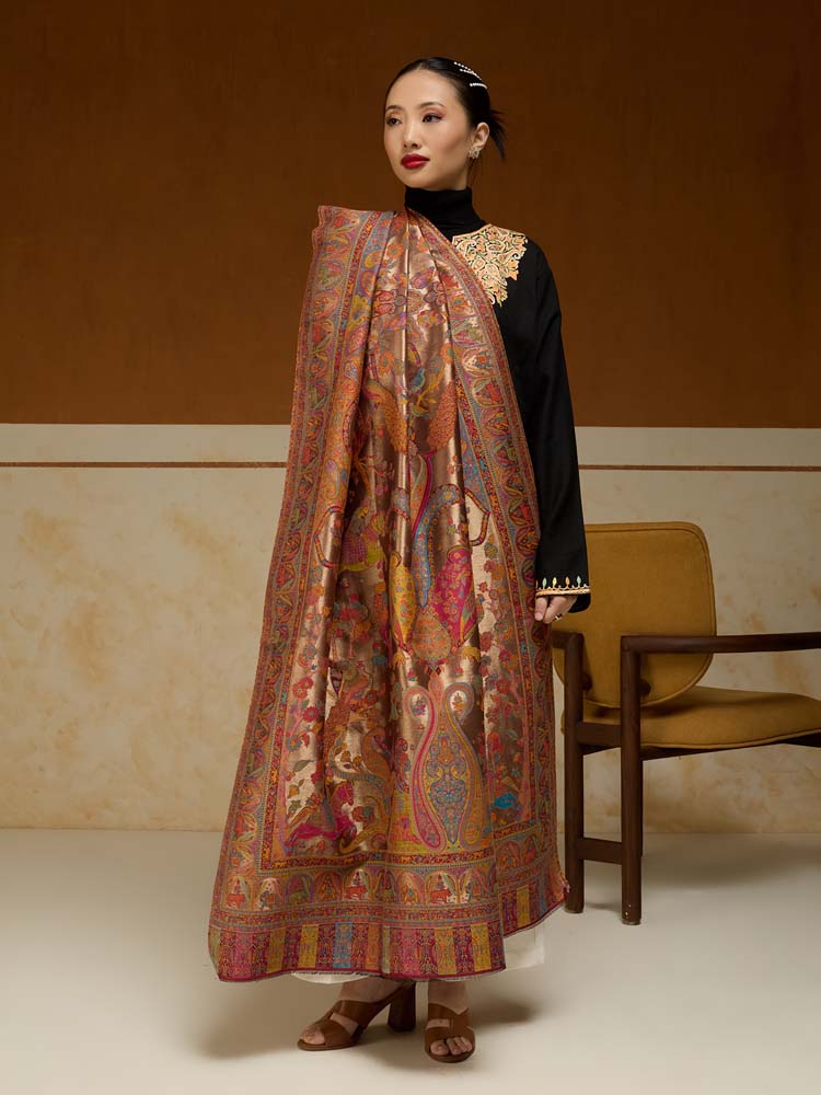 ImageChitralekha Kalamkari Zari Shawl – Auburn Gold