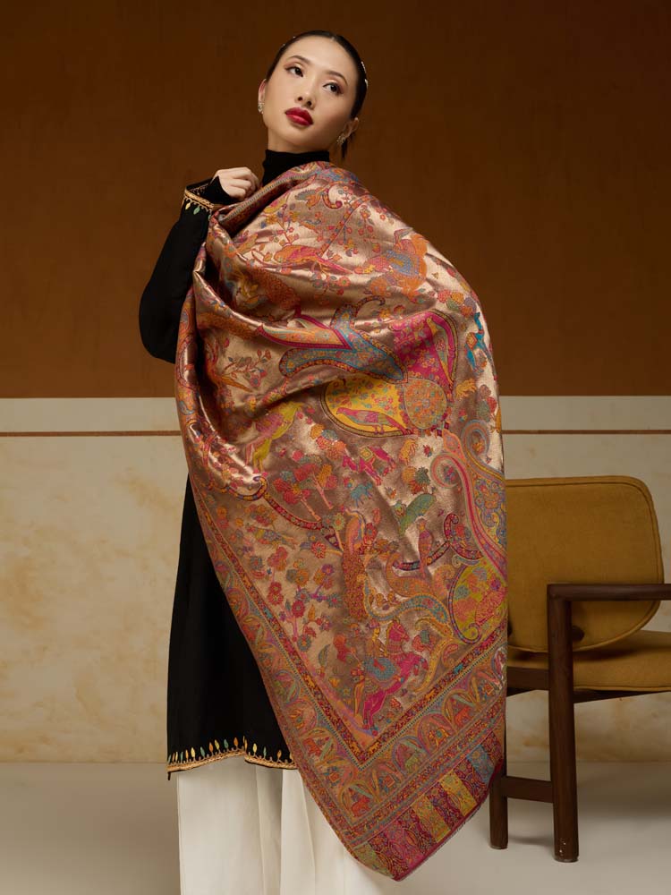 ImageChitralekha Kalamkari Zari Shawl – Auburn Gold