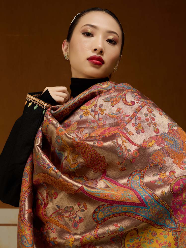 ImageChitralekha Kalamkari Zari Shawl – Auburn Gold