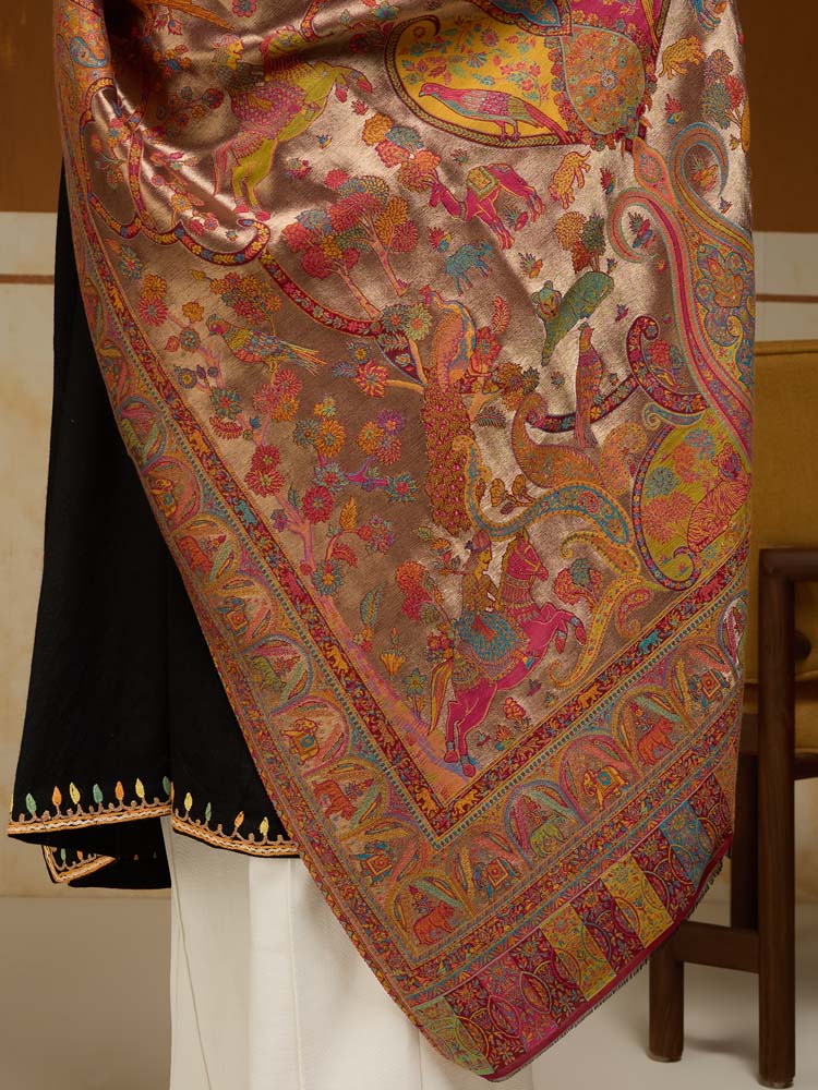 ImageChitralekha Kalamkari Zari Shawl – Auburn Gold