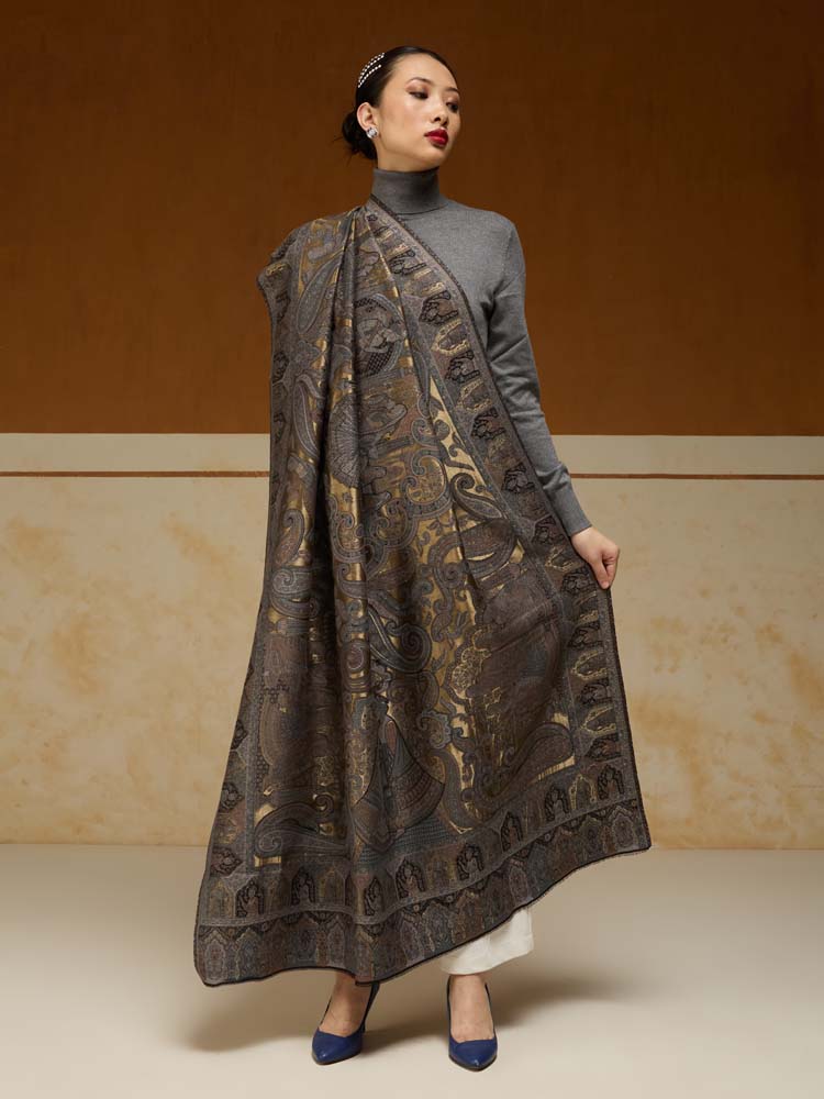 Jashn-e-Zari Kalamkari Shawl - Midnight Gold
