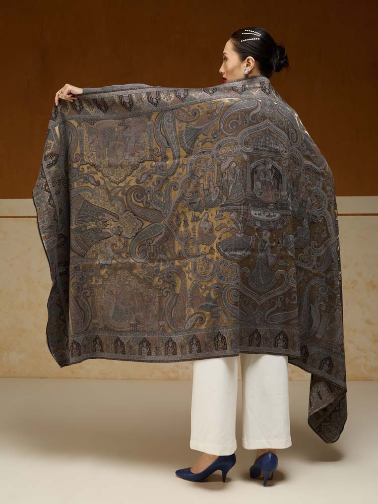 ImageJashn-e-Zari Kalamkari Shawl – Midnight Gold