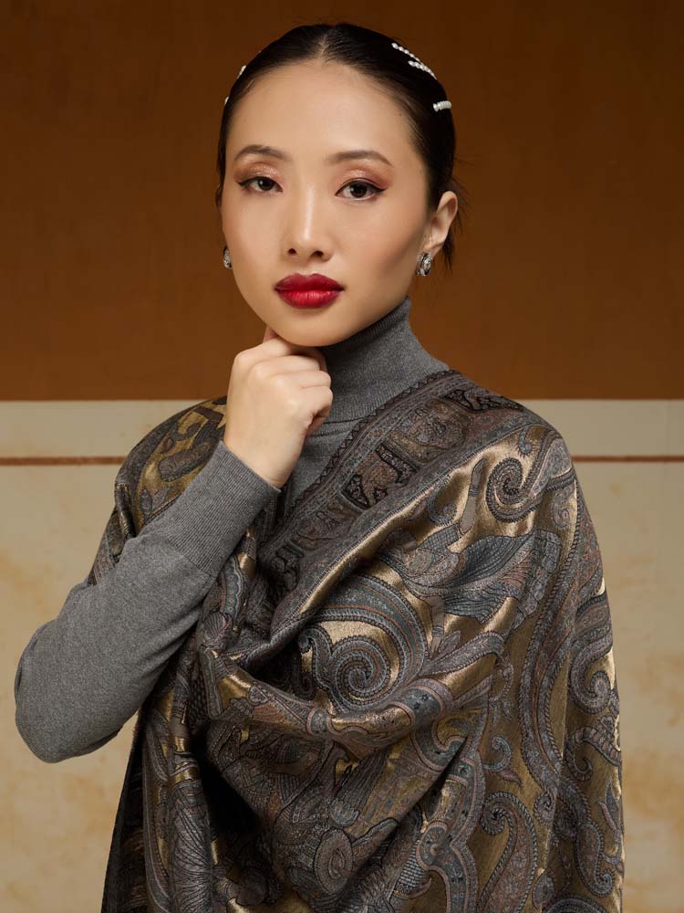 ImageJashn-e-Zari Kalamkari Shawl – Midnight Gold