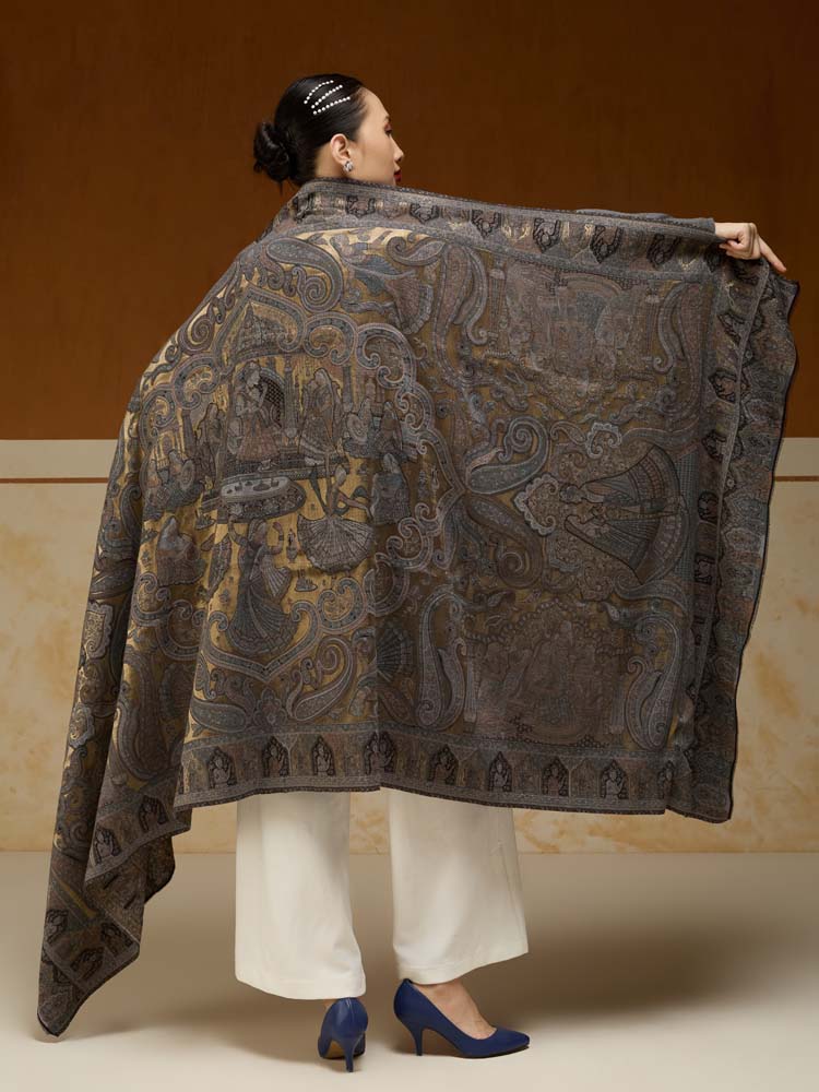 ImageJashn-e-Zari Kalamkari Shawl – Midnight Gold