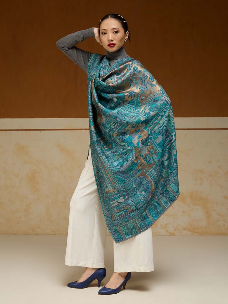 ImageFasana-e-Shah Kalamkari Zari Shawl – Oasis Gold