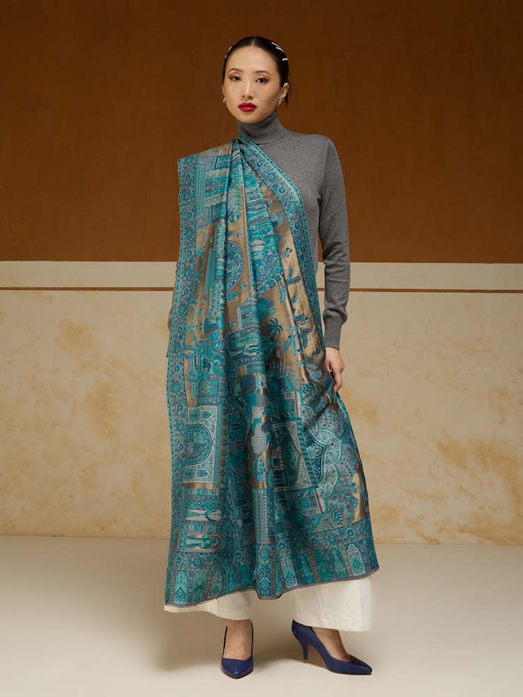 ImageFasana-e-Shah Kalamkari Zari Shawl – Oasis Gold