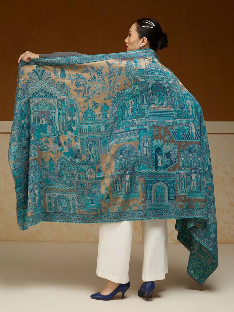 ImageFasana-e-Shah Kalamkari Zari Shawl – Oasis Gold