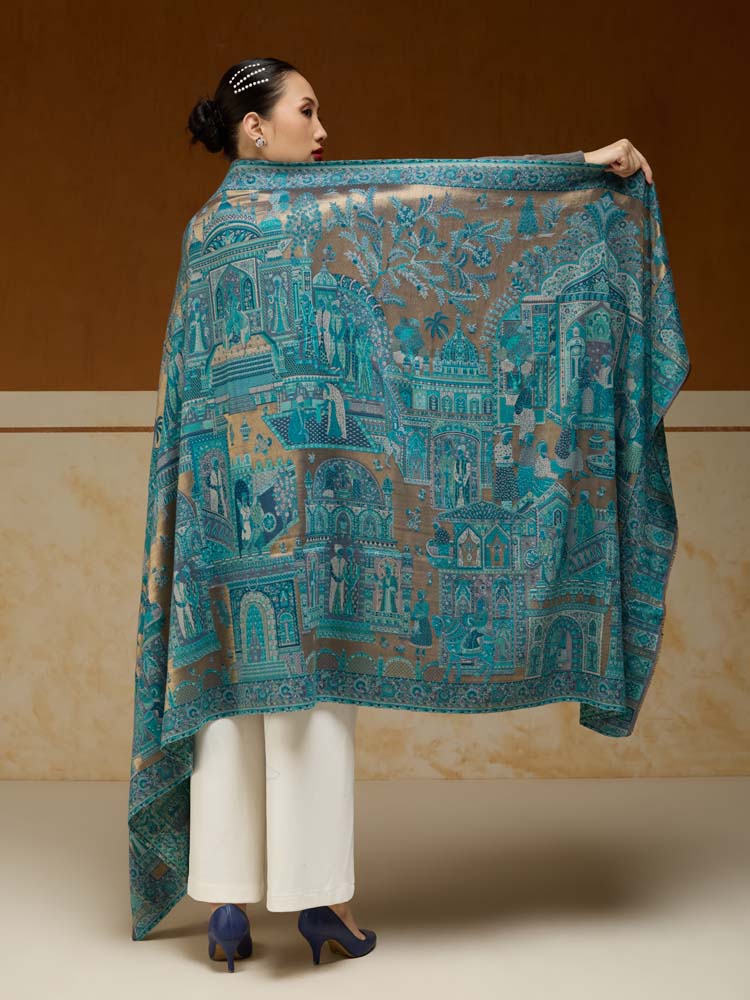 ImageFasana-e-Shah Kalamkari Zari Shawl – Oasis Gold