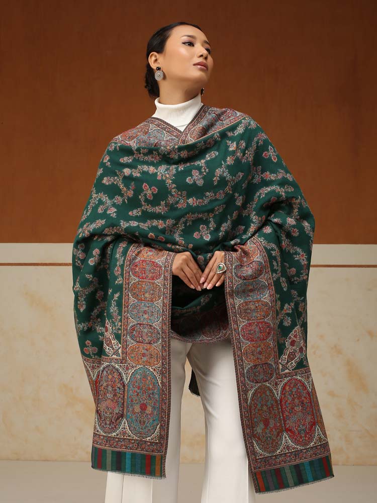 ImageKusumrekhā Floral Kani Shawl – Moss Green