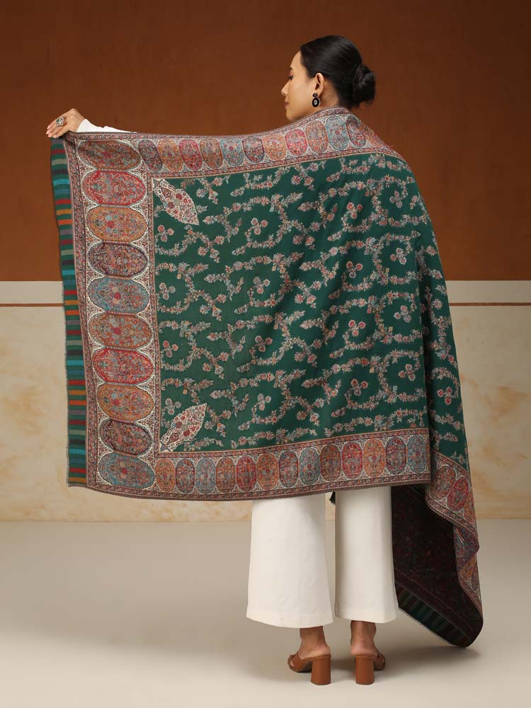 ImageKusumrekhā Floral Kani Shawl – Moss Green