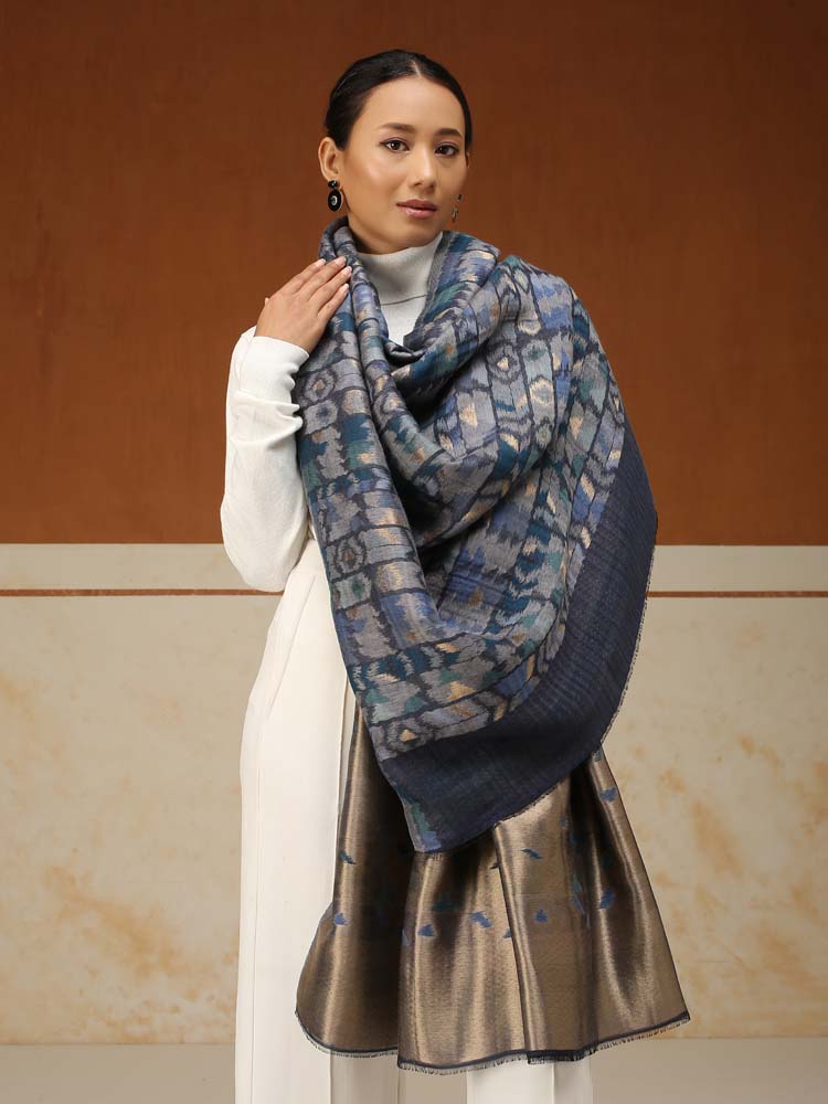 ImageZardozi Ikat Wool Zari Reversible Shawl – Marine Gold
