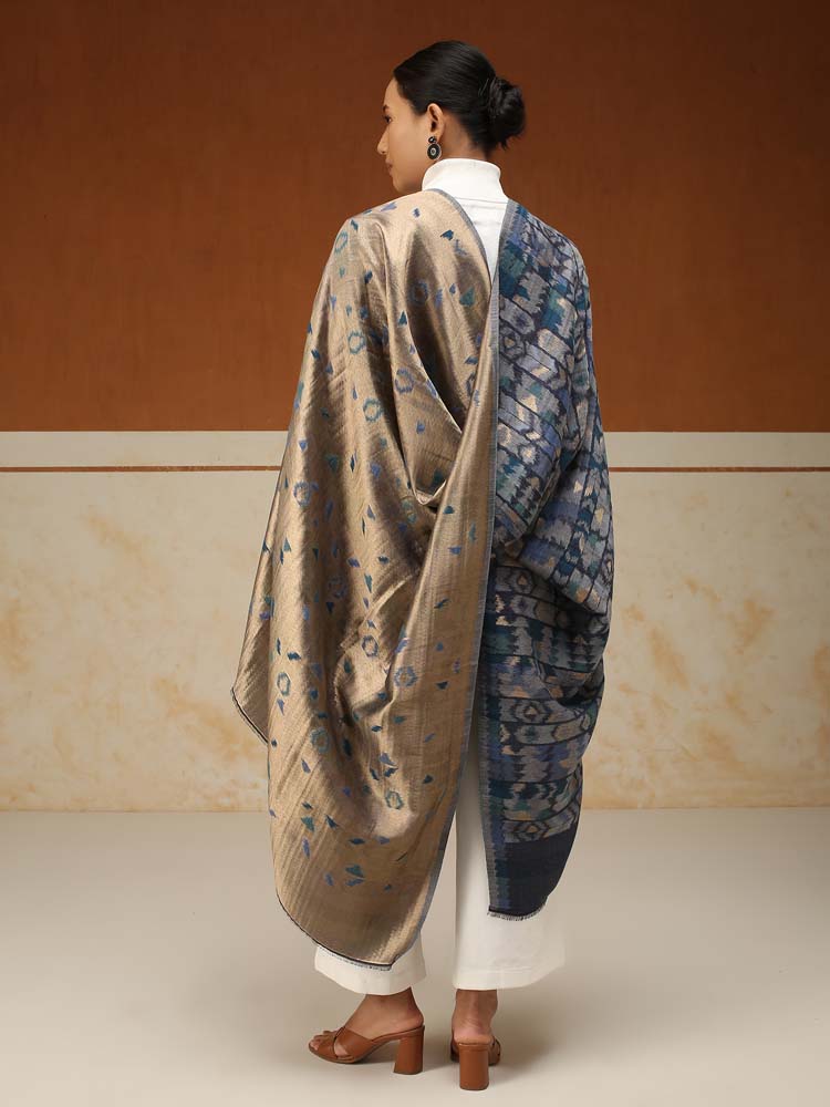 ImageZardozi Ikat Wool Zari Reversible Shawl – Marine Gold