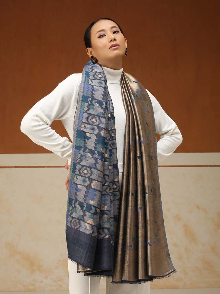ImageZardozi Ikat Wool Zari Reversible Shawl – Marine Gold