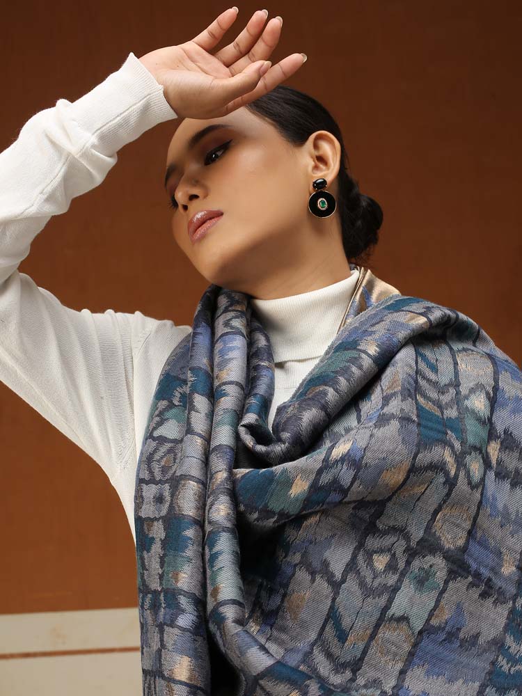 ImageZardozi Ikat Wool Zari Reversible Shawl – Marine Gold