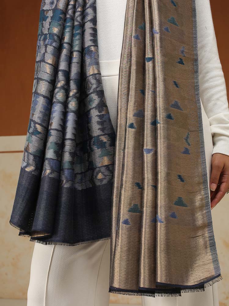 ImageZardozi Ikat Wool Zari Reversible Shawl – Marine Gold