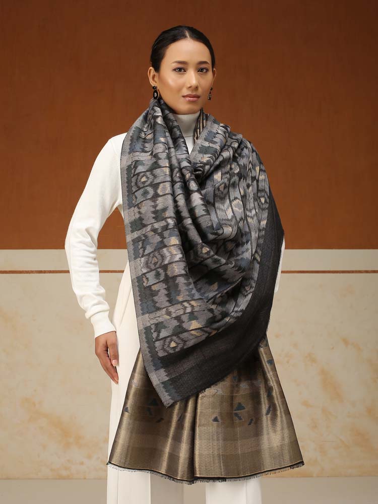 ImageZardozi Ikat Wool Zari Reversible Shawl – Silver, Gold