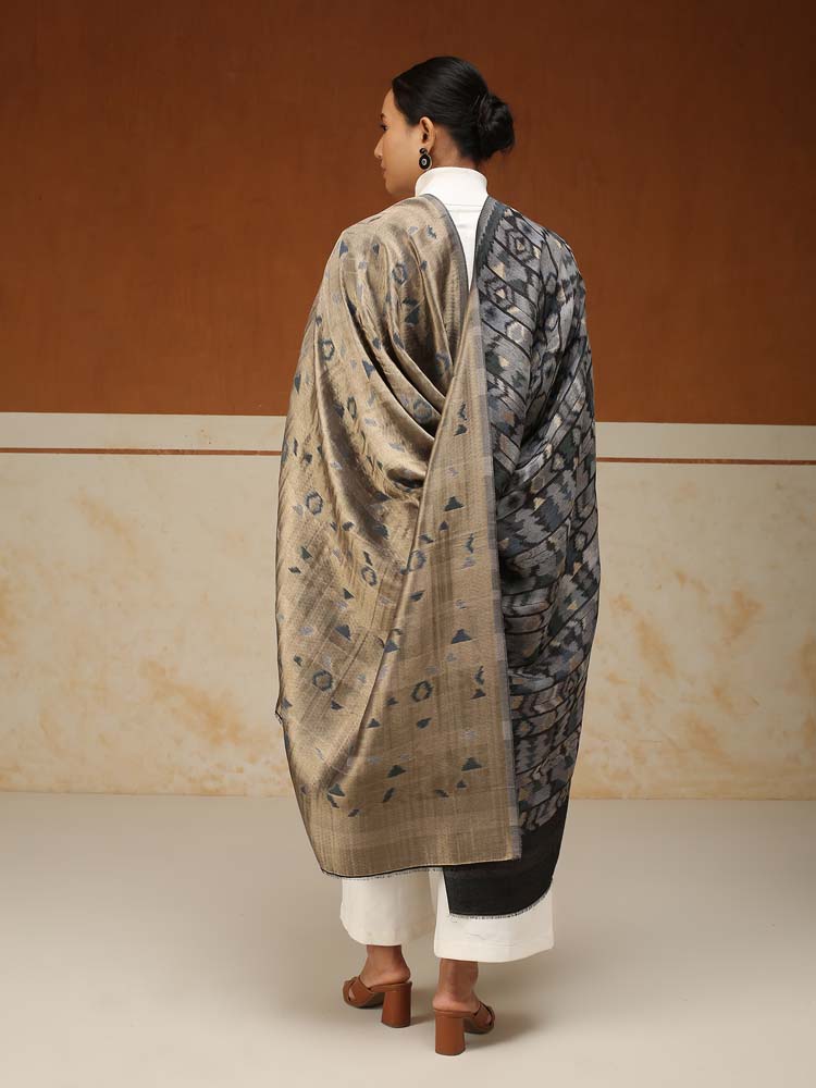 ImageZardozi Ikat Wool Zari Reversible Shawl – Silver, Gold