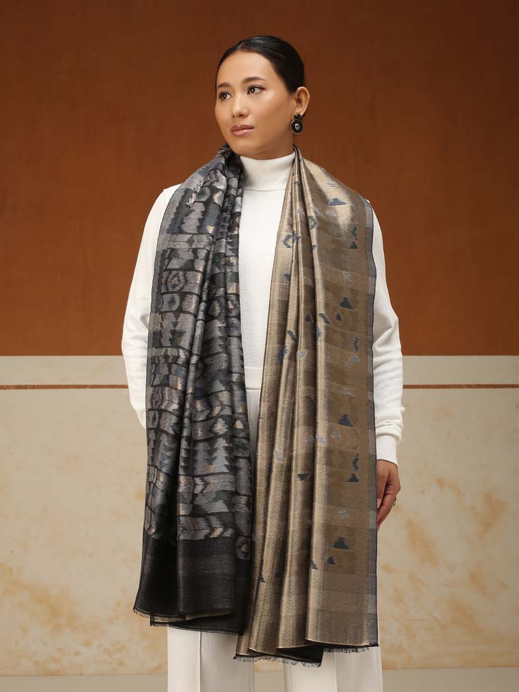 ImageZardozi Ikat Wool Zari Reversible Shawl – Silver, Gold