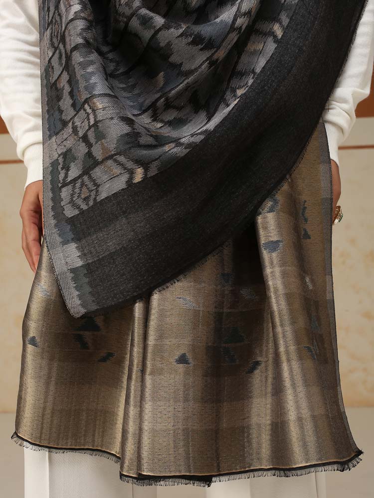ImageZardozi Ikat Wool Zari Reversible Shawl – Silver, Gold