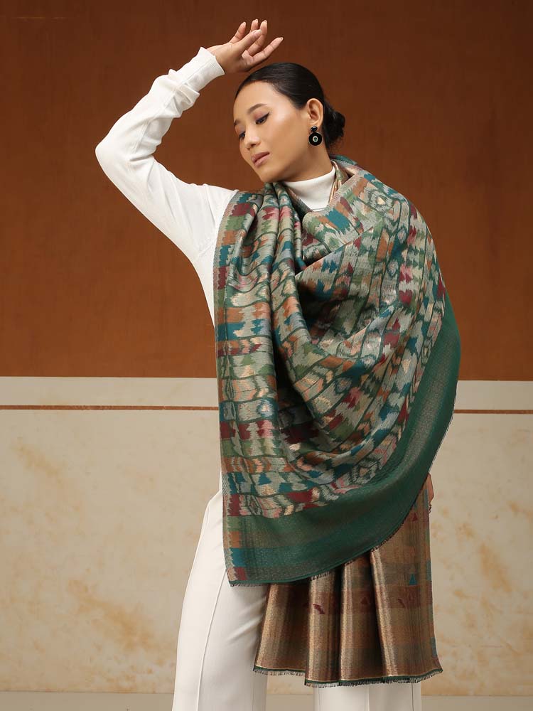 ImageZardozi Ikat Wool Zari Reversible Shawl – Basil, Gold