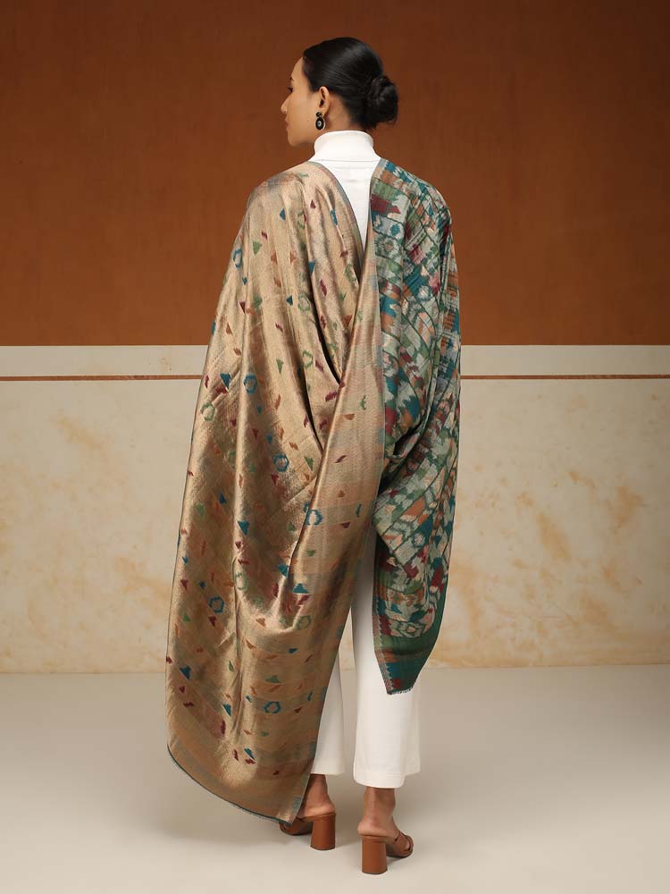 ImageZardozi Ikat Wool Zari Reversible Shawl – Basil, Gold