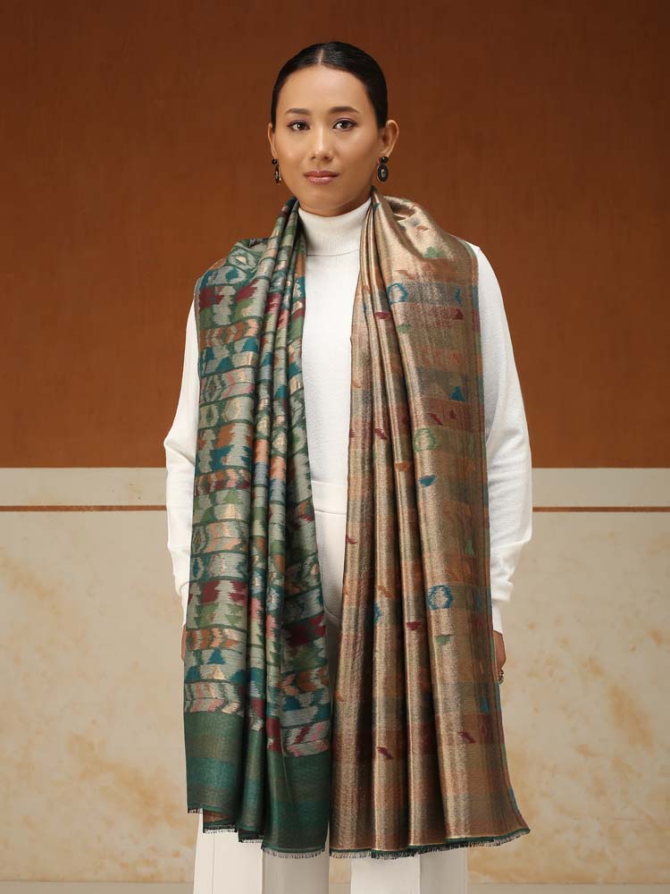 ImageZardozi Ikat Wool Zari Reversible Shawl – Basil, Gold