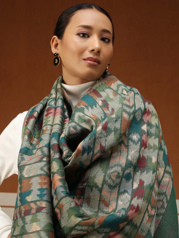 ImageZardozi Ikat Wool Zari Reversible Shawl – Basil, Gold