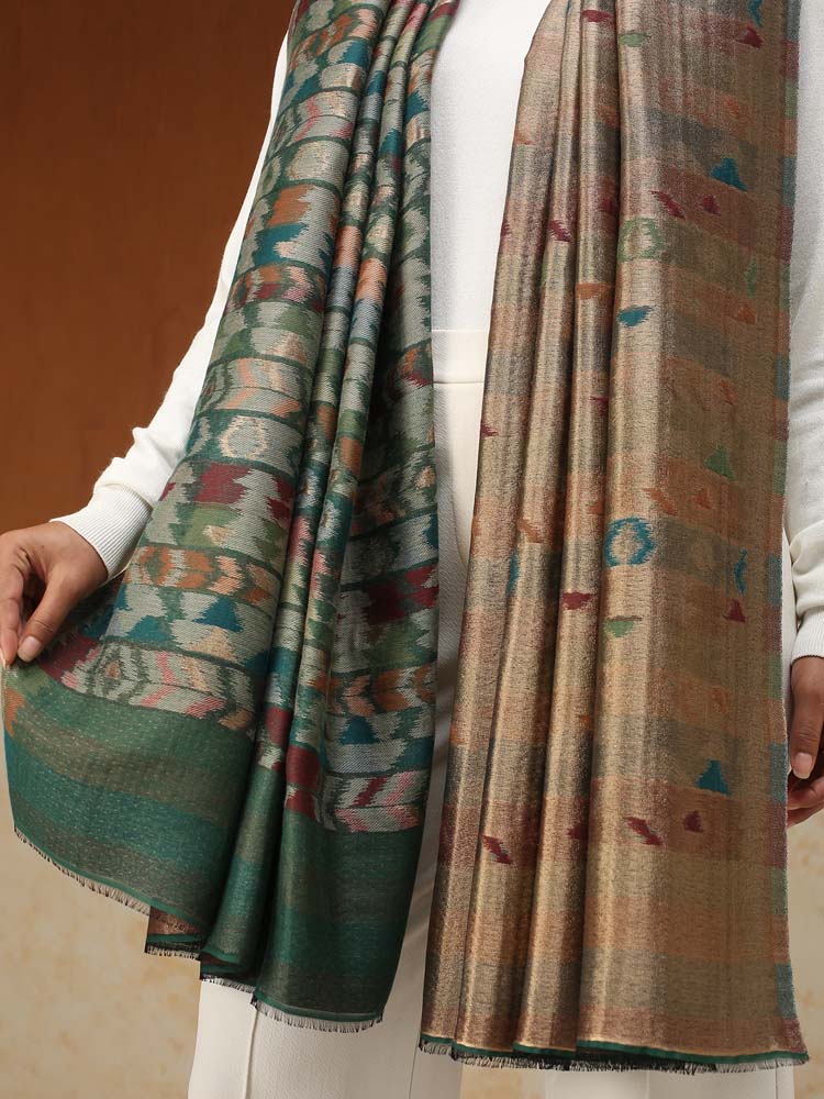 ImageZardozi Ikat Wool Zari Reversible Shawl – Basil, Gold