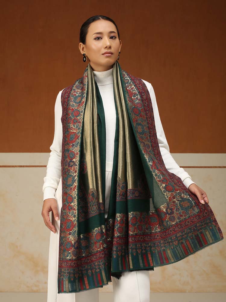 Swarna Paisley Wool Zari Shawl - Sapphire Green