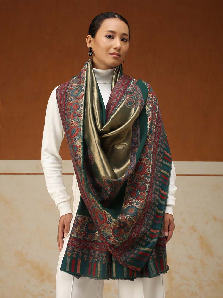 ImageSwarna Paisley Wool Zari Shawl – Sapphire Green