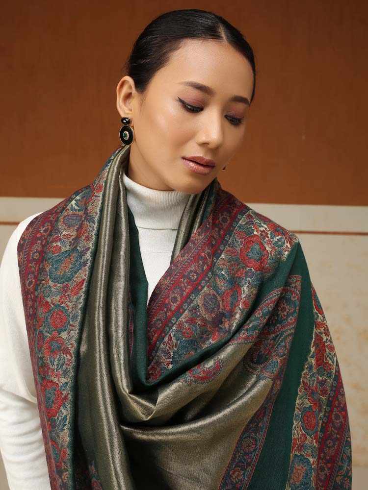 ImageSwarna Paisley Wool Zari Shawl – Sapphire Green