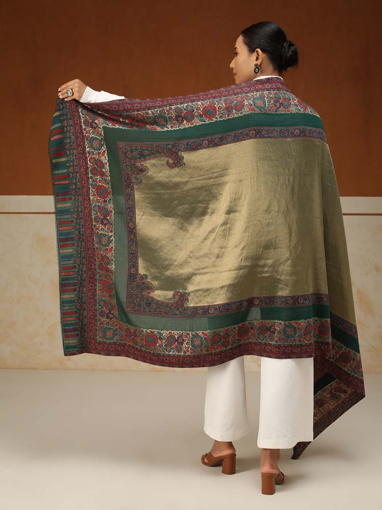 ImageSwarna Paisley Wool Zari Shawl – Sapphire Green