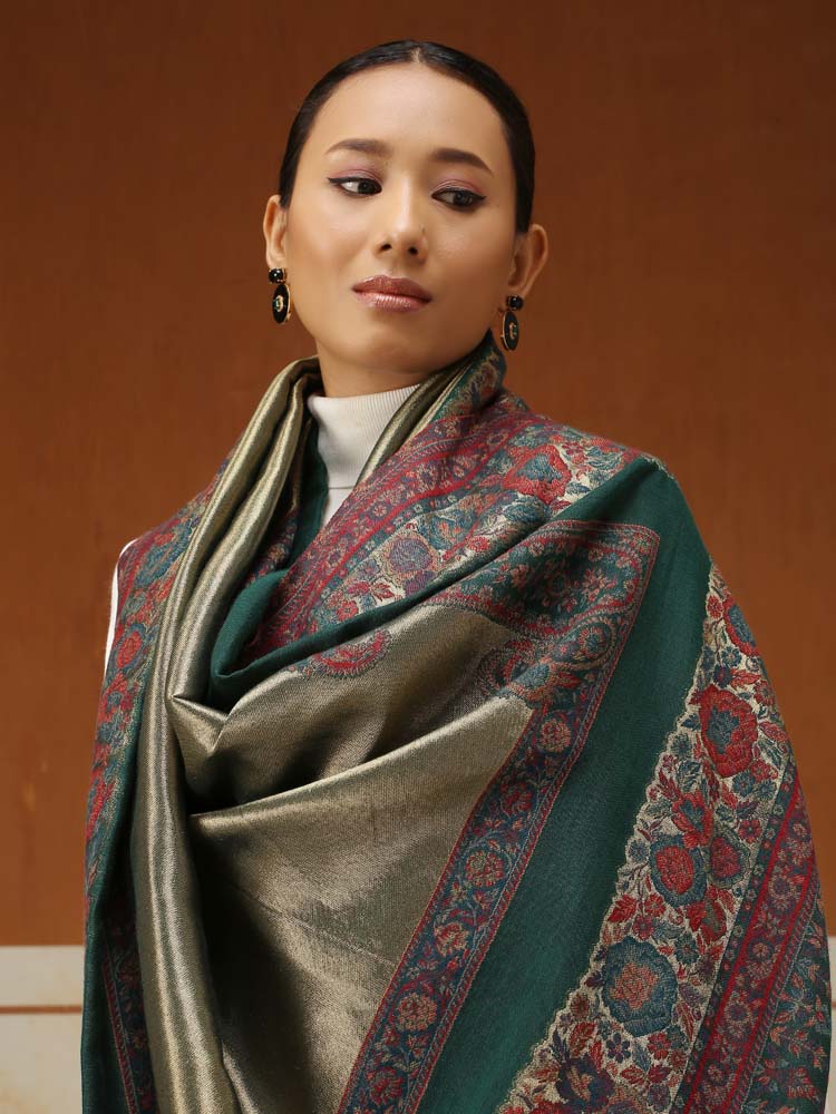 ImageSwarna Paisley Wool Zari Shawl – Sapphire Green