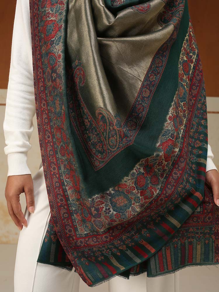 ImageSwarna Paisley Wool Zari Shawl – Sapphire Green