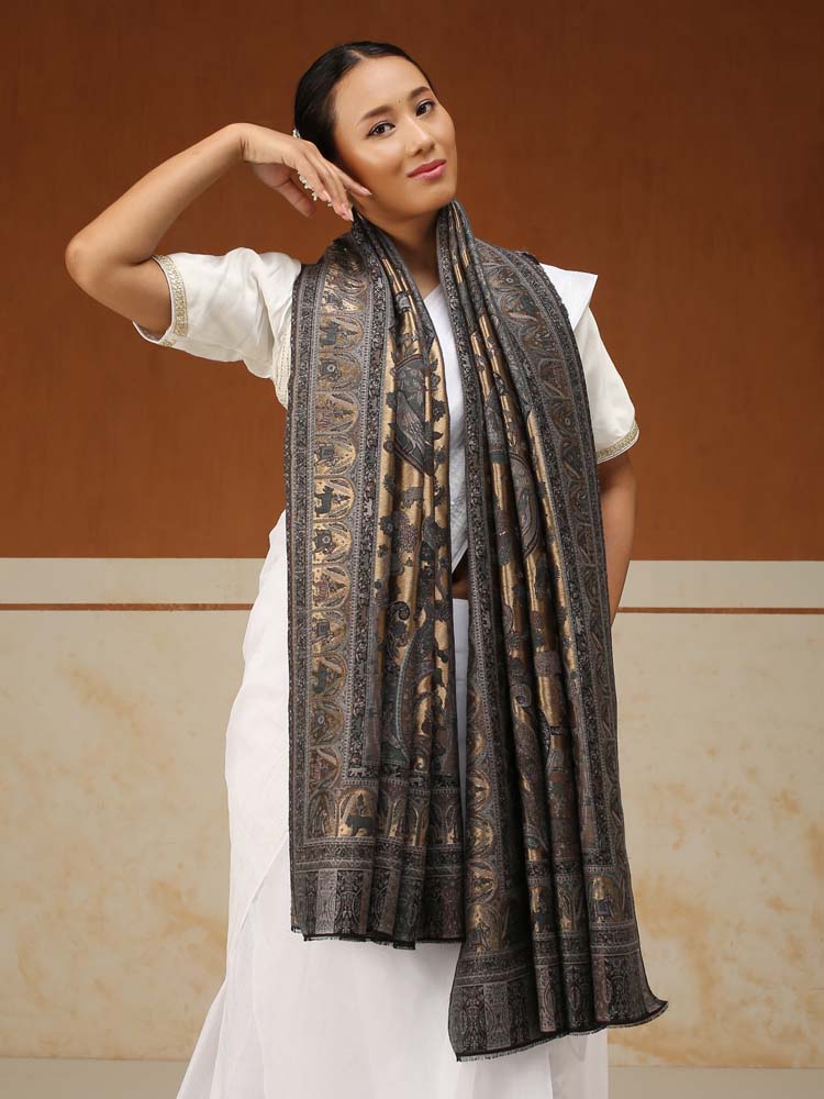 Chitralekha Kalamkari Zari Shawl - Granite Gold
