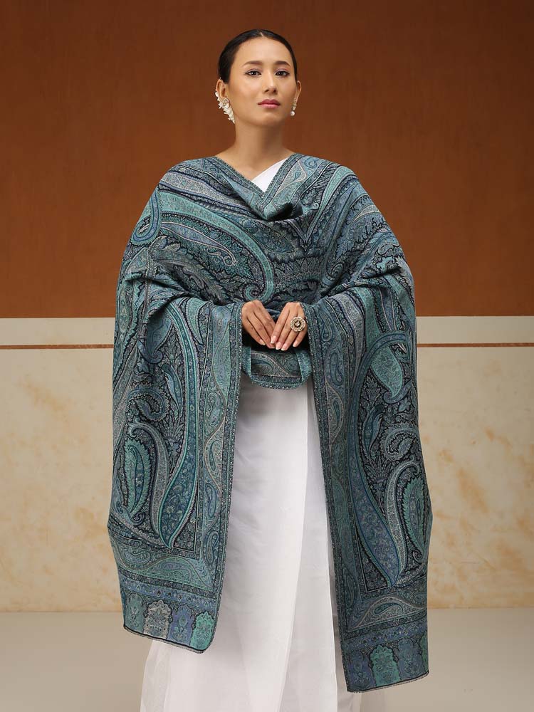Eimaan Paisley Kalamkari Shawl - Opal Teal